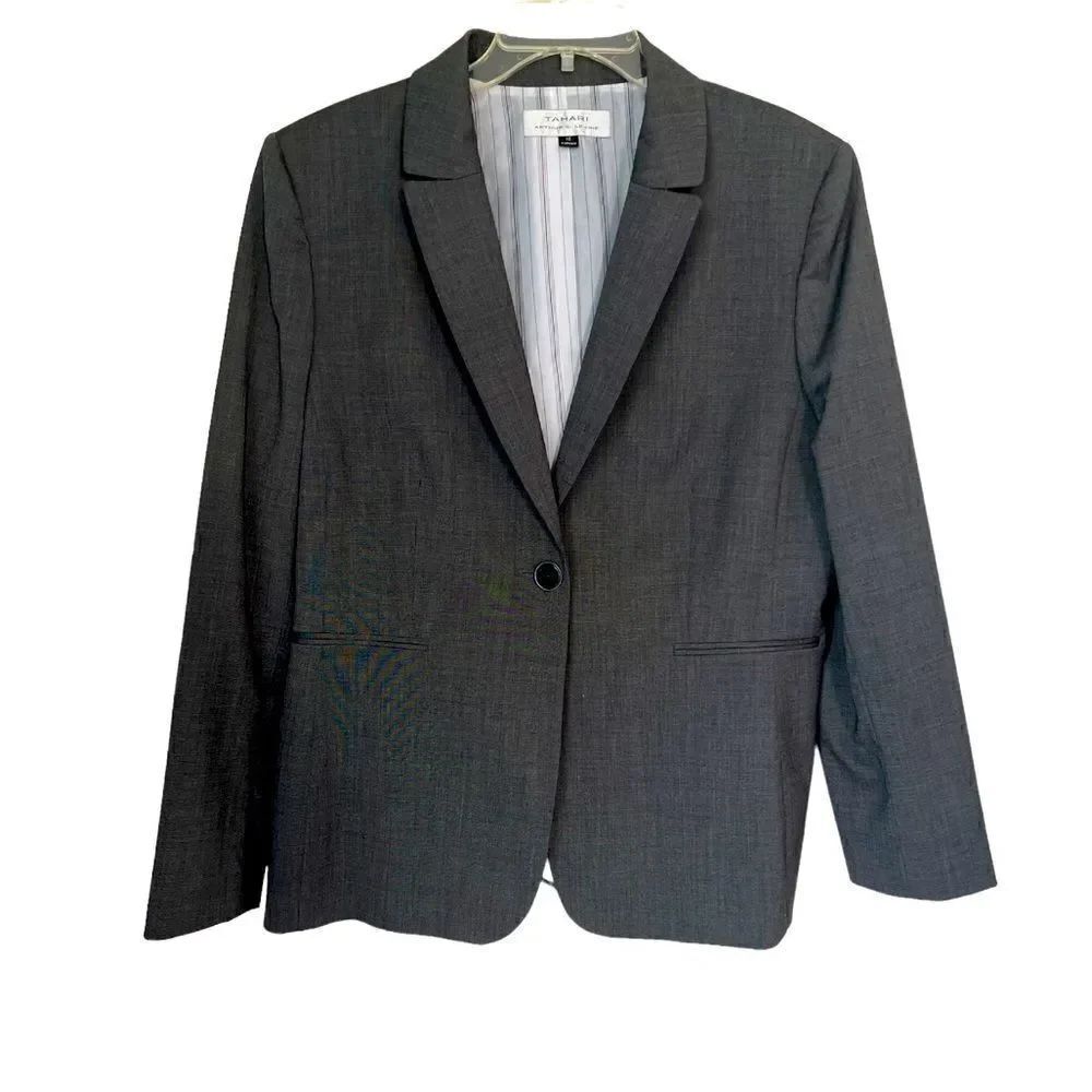 Tahari Charcoal Gray One Button Closure Office Career Classic Blazer sz 16